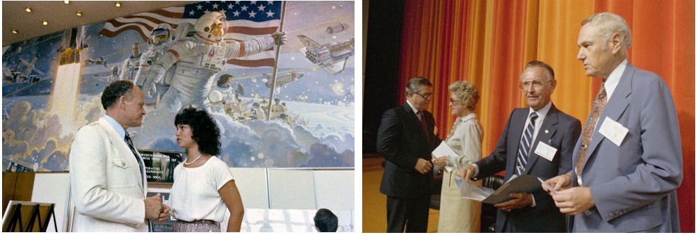 Left: Space artist Robert T. McCall and astronaut Judith A. Resnik during the June 1979 dedication of the mural “Opening the Next Frontier – The Next Giant Step” in the lobby of NASA’s Johnson Space Center’s auditorium. Right: Freddie Teague, left, attends the July 1981 dedication ceremony naming the auditorium of NASA’s Johnson Space Center after her late husband, Texas Congressman Olin E. “Tiger” Teague, along with Johnson Director Christopher C. Kraft and NASA Administrator James M. Beggs. Credits: NASA