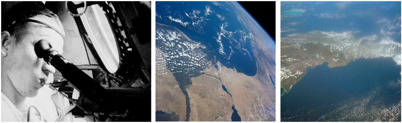 Left: Borman conducts a visual acuity test while taking his temperature during the 14-day Gemini VII mission. Middle: Gemini VII view of the Nile Delta in Egypt. Right: Gemini VII view of the Dominican Republic. Credits: NASA