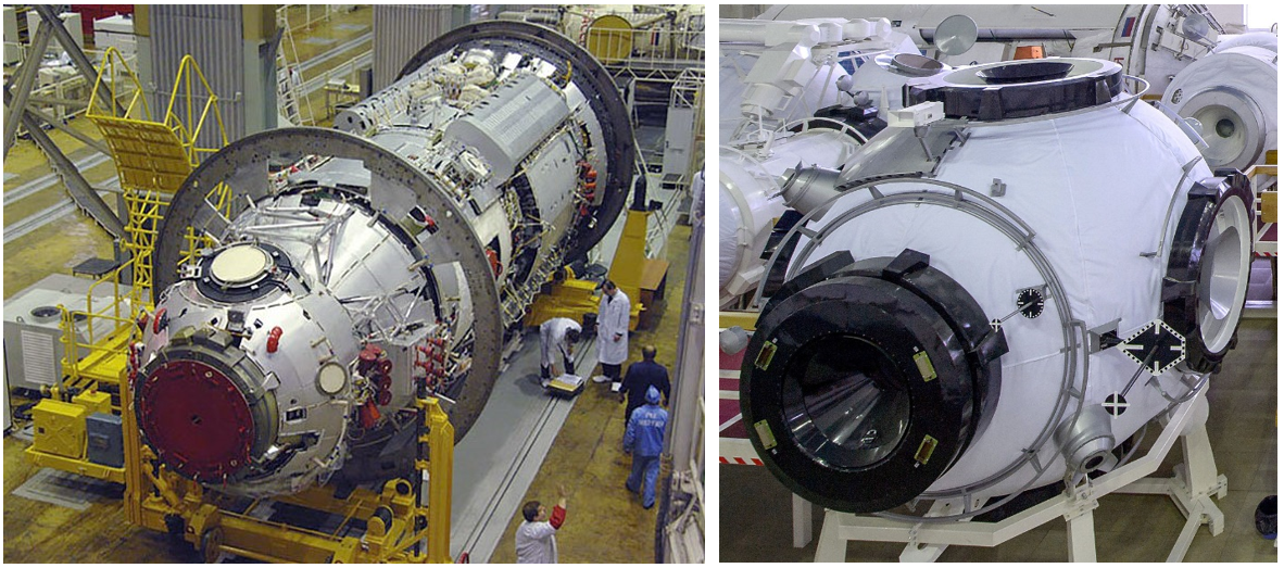 Future Russian modules. Left: The Nauka Multipurpose Laboratory Module. Right: A mock-up of the Uzlovoy Node Module.