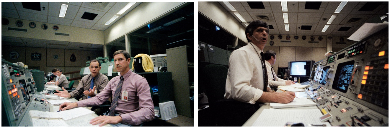 Left: In the moments after the Challenger accident in the MCC at Johnson, capsule communicators Fredrick D. Gregory, left, and Richard O. Covey try to grasp the situation. Right: Ascent Flight Director Jay H. Greene in the moments after the accident. Credits: NASA