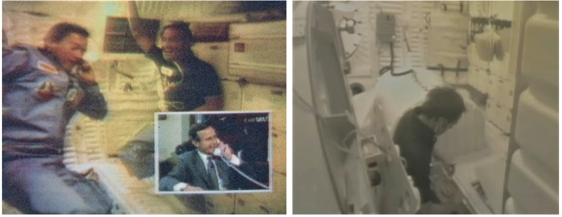 Left: Still image from television downlink of STS-1 astronauts John W. Young, left, and Robert L. Crippen speaking with Vice President George H.W. Bush, inset. Right: Still image from television downlink of Crippen replacing carbon-dioxide-absorbing lithium hydroxide canisters in Columbia’s middeck. Credits: NASA
