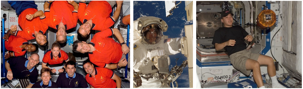 Left: NASA astronaut Daniel M. Tani, upper left, with his STS-120 crewmates and the Expedition 16 crew he was about join. Middle: Tani during his fourth Expedition 16 spacewalk. Right: Tani works with the SPHERES experiment in the Destiny module. Credits: NASA