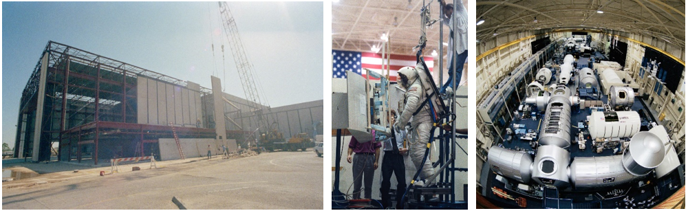 Left: The northwest addition to Building 9, to house the space station module mock-ups, under construction in 1988. Middle: Astronaut Jeffrey A. Hoffman practices working on the Hubble Space Telescope Wide Field Camera on the air-bearing floor in Building 9. Right: Overview of the Space Vehicle Mockup Facility in August 1999, with space station mock-ups in the foreground and space shuttle mock-ups in the background. Credits: NASA