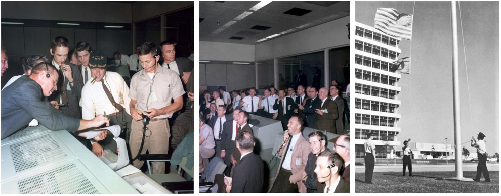 Left: In the Mission Control Center at the Manned Spacecraft Center, capsule communicators astronauts Charles “Pete” Conrad, center, and William A. Anders enjoy a light moment after the end of the Gemini XII mission. Middle: View of mission control following the safe splashdown of Gemini XII. Right: Outside MSC’s Project Management Building, security guards lower the U.S. flag and Gemini pennant for the last time following the Gemini XII splashdown. Credits: NASA
