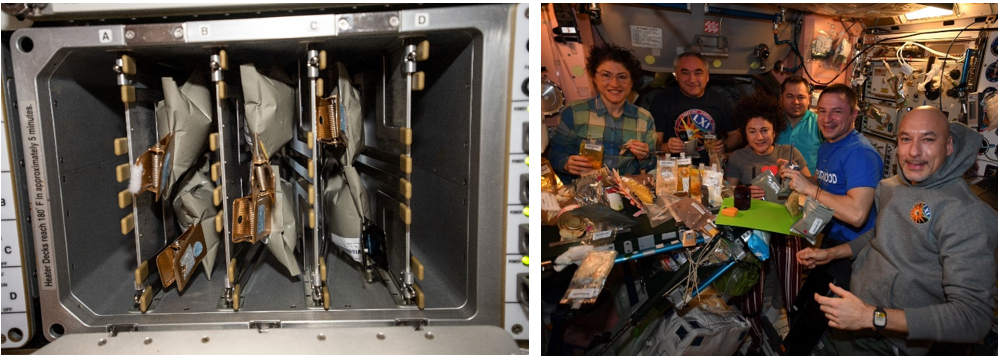 Thanksgiving 2019. Left: The turkey is in the oven — or, more precisely, the smoked turkey packages are in the Galley Food Warmer. Right: Expedition 61 crew members NASA astronaut Christina H. Koch, left, Aleksandr A. Skvortsov of Roscosmos, NASA astronaut Jessica U. Meir, Oleg I. Skripochka of Roscosmos, NASA astronaut Andrew R. Morgan, and Luca S. Parmitano of ESA celebrate Thanksgiving aboard the space station. Credits: NASA