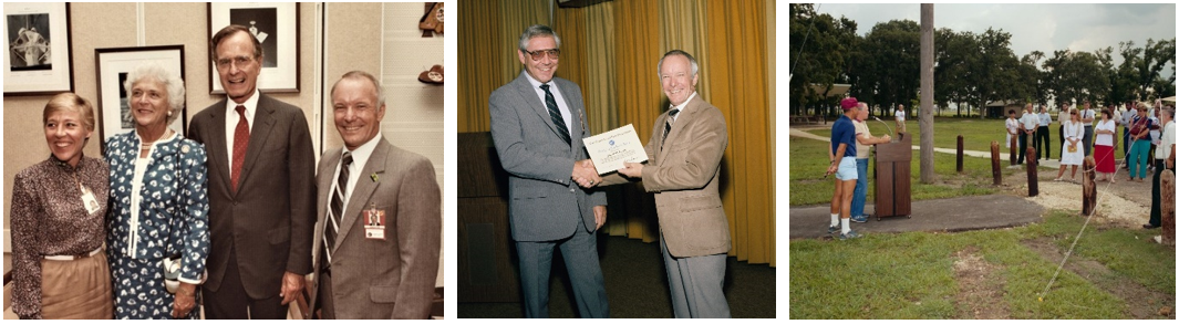 Left: Director of NASA’s Johnson Space Center in Houston Gerald D. Griffin, right, with Vice President George H.W. Bush and First Lady Barbara Bush in August 1984 during the STS-41D mission. Middle: Griffin, right, presents Johnson Deputy Center Director Robert C. Goetz with a 25-year service award in October 1984. Right: In June 1985, Griffin, at the podium, officiates at the ribbon-cutting ceremony for the new half-mile running track at the Gilruth recreation center. Credits: NASA