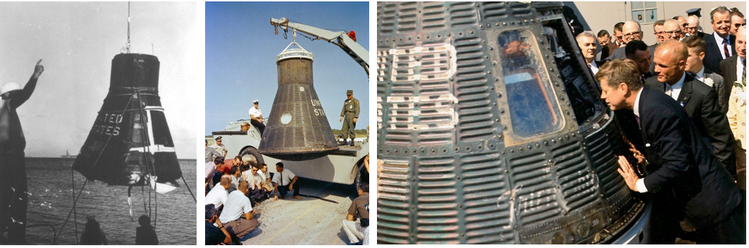 Left: Friendship 7 arrives by boat from the U.S.S. Noa to port on Grand Turk Island, Turks and Cacos Islands. Credits: Courtesy of Turks and Cacos Museum. Middle: Inspectors examine Friendship 7 after its arrival at Cape Canaveral Air Force Station. Right: President John F. Kennedy peers inside Friendship 7 as astronaut John H. Glenn looks on. Credits: NASA