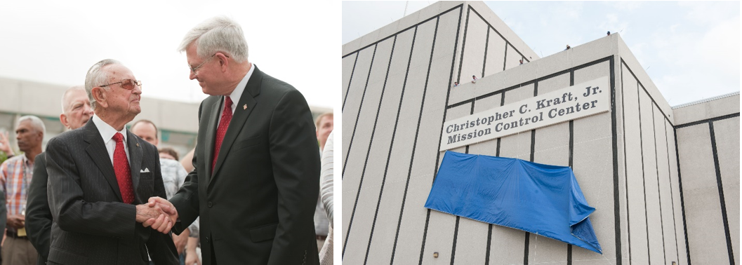 Left: In April 2011, Johnson Director Michael L. Coats, right, shakes hands with first flight director and Johnson’s second center director, Christopher C. Kraft, during the ceremony naming the Building 30 Mission Control Center after Kraft. Right: The unveiling of the sign on Building 30. Credits: NASA