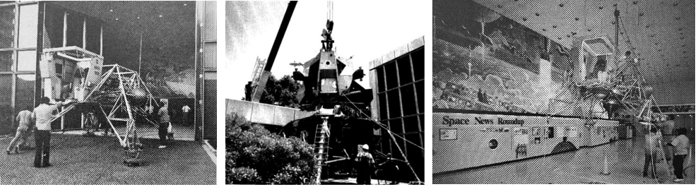 Left: Workers move the Lunar Landing Training Vehicle (LLTV) into the Teague Auditorium lobby in July 1989, in time for Apollo 11 20th anniversary celebration. Middle: Worker remove the LTA-8 from the lobby in May 1992 for the move to Space Center Houston. Right: Workers raise the LLTV to suspend it from the lobby ceiling in November 1993. Credits: NASA