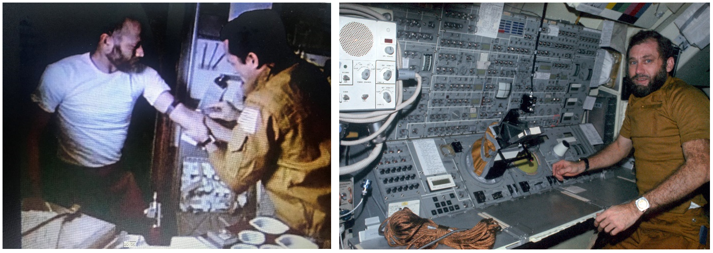 Left: Gibson, right, takes a blood sample from Carr for a medical experiment. Right: Pogue at the controls of the ATM. Credits: NASA