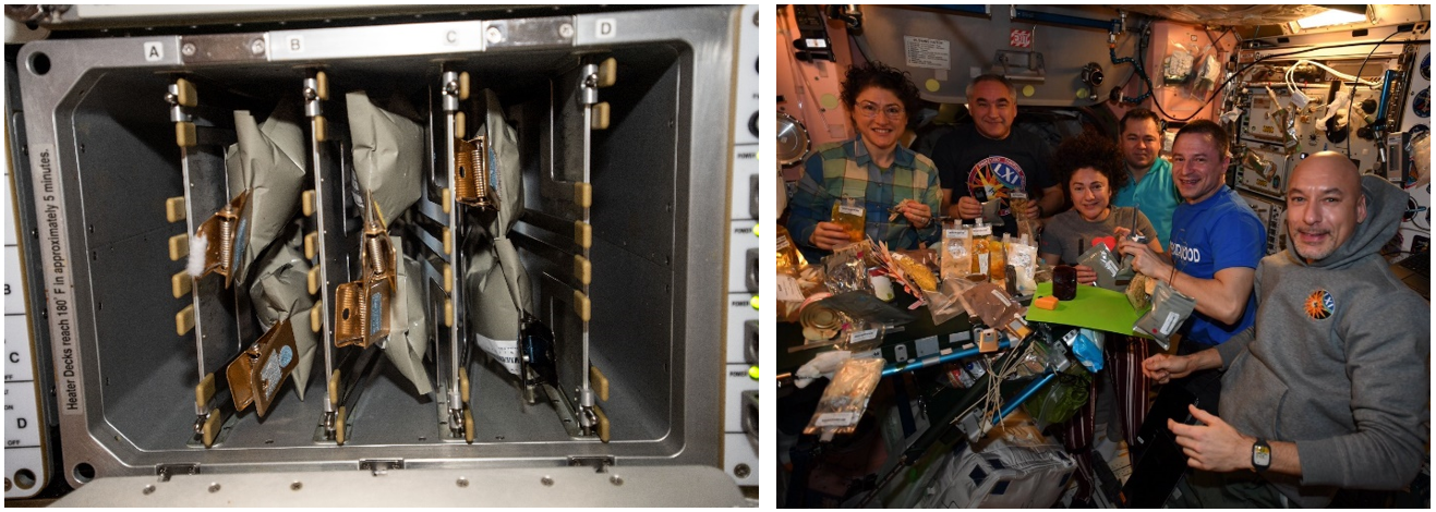 Thanksgiving 2019. Left: The turkey is in the oven — or, more precisely, the smoked-turkey packages are in the Galley Food Warmer. Right: Expedition 61 crew members Christina H. Koch, left, Aleksandr A. Skvortsov, Jessica U. Meir, Oleg I. Skripochka, Andrew R. Morgan, and Luca S. Parmitano celebrate Thanksgiving aboard the space station. Credits: NASA