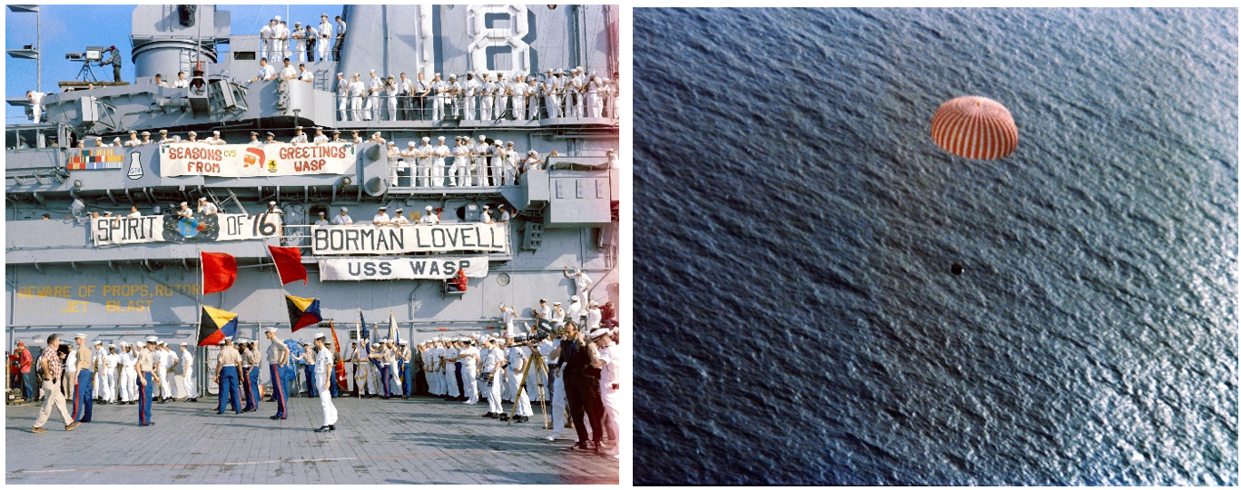 Left: The prime recovery ship USS Wasp ready to welcome home the Gemini VII astronauts. Right:  Photograph taken from a recovery helicopter of the Gemini VII spacecraft descending on its parachute moments before splashdown. Credits: NASA