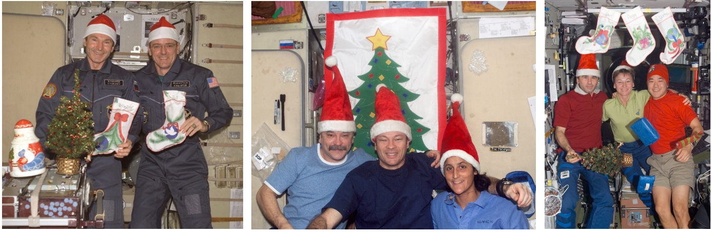 Left: Valeri I. Tokarev, left, and William S. McArthur of Expedition 12 pose with Christmas stockings in 2005. Middle: The Expedition 14 crew of Mikhail V. Tyurin, left, Michael E. Lopez-Alegria, and Sunita L. Williams pose wearing Santa hats for Christmas 2006. Right: Posing with their Christmas stockings and presents are Expedition 16 crew members Yuri I. Malenchenko, left, Peggy A. Whitson, and Daniel M. Tani, in 2007. Credits: NASA