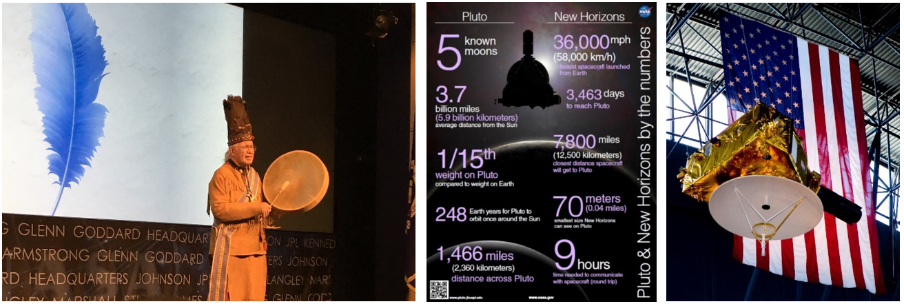 Left: Rev. Nick Miles of the Pamunkey Tribe participates in the Arrokoth naming ceremony at NASA Headquarters. Middle: New Horizons’ Pluto encounter by the numbers. Right: Model of New Horizons on display at the Smithsonian Institution’s National Air and Space Museum Stephen F. Udvar-Hazy Center in Chantilly, Virginia. Credits:  NASA/Johns Hopkins University Applied Physics Laboratory/Southwest Research Institute