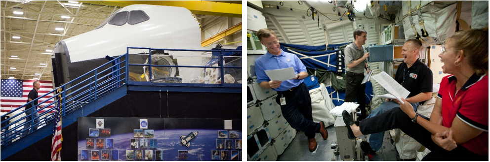 Left: The space shuttle Crew Compartment Trainer (CCT) prepares to host the last training session in June 2011. Right: Inside the CCT, STS-135 astronauts Christopher J. Ferguson, left, Rex J. Walheim, Douglas G. Hurley, and Sandra H. Magnus complete the final training session in June 2011. Credits: NASA