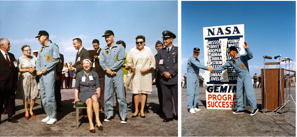 Left: Gemini XII astronauts James A. Lovell, left, and Edwin E. “Buzz” Aldrin greeted by colleagues and family following their return to NASA’s Kennedy Space Center in Florida. Right: Lovell, left, and Aldrin shake hands in front of a sign commemorating the successful conclusion of the Gemini program. Credits: NASA