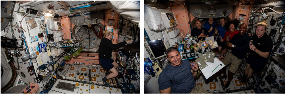 Thanksgiving 2020. Left: Expedition 64 NASA astronaut Kate Rubins prepares the Thanksgiving dinner. Right: The Expedition 64 crew of NASA astronaut Michael S. Hopkins, Soichi Noguchi of the Japan Aerospace Exploration Agency, Sergei V. Kud-Sverchkov and Sergei N. Ryzhikov of Roscosmos, and NASA astronauts K. Meghan McArthur, Victor J. Glover, and Rubins enjoy the Thanksgiving meal, including frozen treats for dessert. Credits: NASA