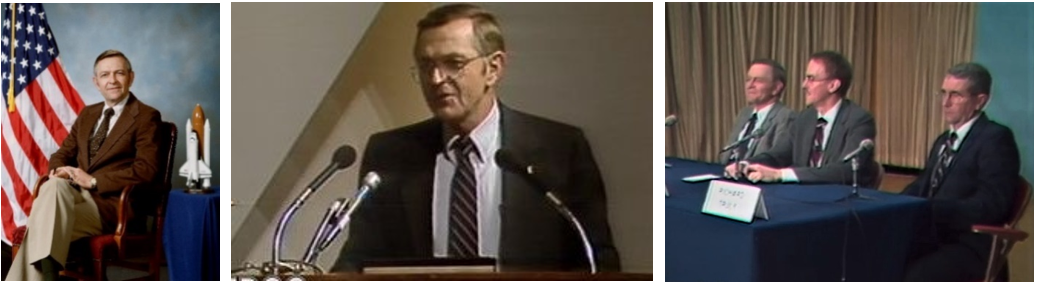 Left: Official portrait of Jesse W. Moore, the fourth director of NASA Johnson Space Center. Middle: Moore testifies before the Presidential Commission on the Space Shuttle Challenger Accident in February 1986. Right: Moore, left, acting NASA Administrator William R. Graham, and newly appointed Associate Administrator for Space Flight Richard H. Truly. Credits: NASA