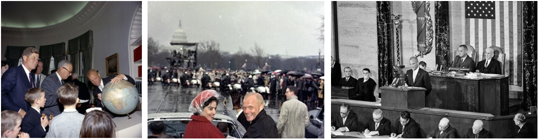 Left: At the White House, Friendship 7 astronaut John H. Glenn, right, traces his orbital path on a globe as President John F. Kennedy looks on. Middle: Glenn, right, and his wife Annie ride in a motorcade in Washington, D.C. Right: Glenn addresses a Joint Session of Congress. Credits: NASA