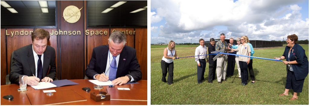 Left: Jefferson D. Howell, director of NASA’s Johnson Space Center, right, signs a Space Act Agreement with Elon Musk of SpaceX in May 2005. Right: Former Johnson Director Howell, center, cuts the ribbon for the Attwater prairie chicken preserve at Johnson in August 2006. Credits: NASA
