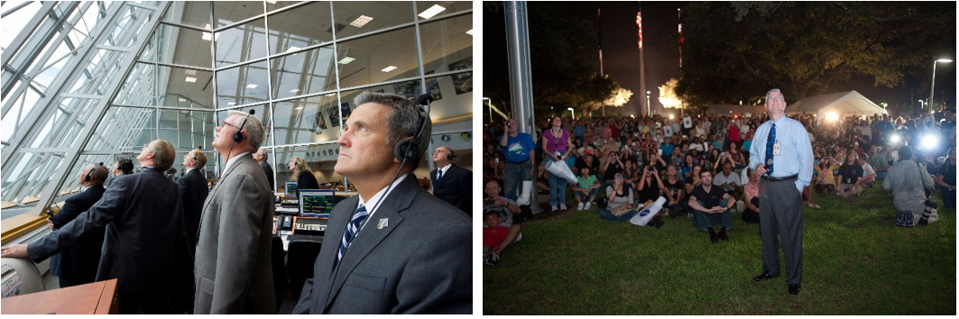 Left: In July 2011, Johnson Director Michael L. Coats, center, watches the STS-135 launch from Firing Room 4 at NASA’s Kennedy Space Center in Florida, with Kennedy Director Robert D. Cabana, right, and other senior managers. Right: At Johnson in front of the main administration building, Coats watches as the space shuttle banner is lowered for the last time following the landing of STS-135. Credits: NASA