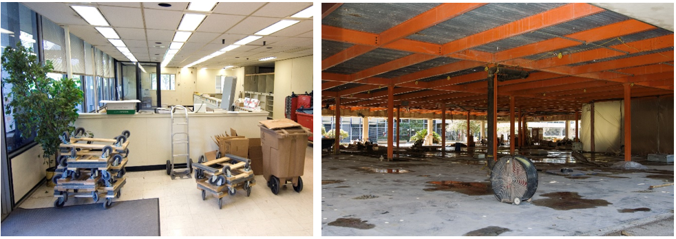 Left: The lobby of Building 2N in May 2007 at the start of the renovation. Right: Building 2N in February 2008, during the renovation. Credits: NASA