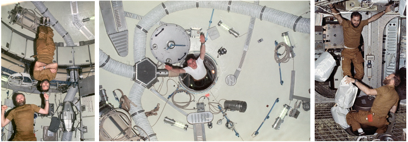 Scenes of life aboard Skylab. Left: Carr, left, and Pogue demonstrate life in weightlessness. Middle: Gibson floats into the workshop. Right: Pogue, left, and Carr taking out the trash. Credits: NASA