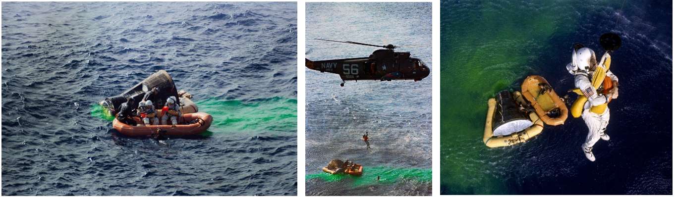 Left: Gemini VII astronauts Lovell, left, and Borman sit in the life raft, waiting to be hoisted aboard the recovery helicopter. Middle: Recovery crews hoist Lovell from the raft into the helicopter. Right: The recovery crew lifts Borman into the helicopter. Credits: NASA