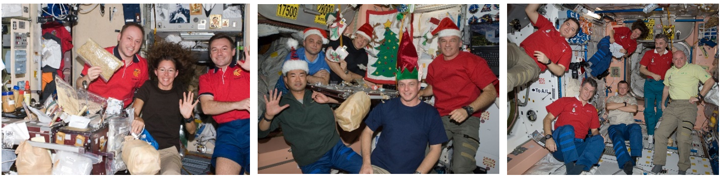 Left: The Expedition 18 crew of E. Michael Fincke, left, Sandra H. Magnus, and Yuri V. Lonchakov enjoy their Christmas dinner in 2008. Middle: The five-member Expedition 22 crew of Soichi Noguchi, left, Maksim V. Surayev, Oleg V. Kotov, Timothy J. Creamer, and Jeffrey N. Williams around the Christmas dinner table in 2009. Right: The Expedition 26 crew of Oleg I. Skripochka, left, Paolo A. Nespoli, Dmitri Y. Kondratyev, Catherine G. “Cady” Coleman, Aleksandr Y. Kaleri, and Scott J. Kelly celebrate New Year’s Eve 2010. This marked Kaleri’s third holiday season spent in space. Credits: NASA