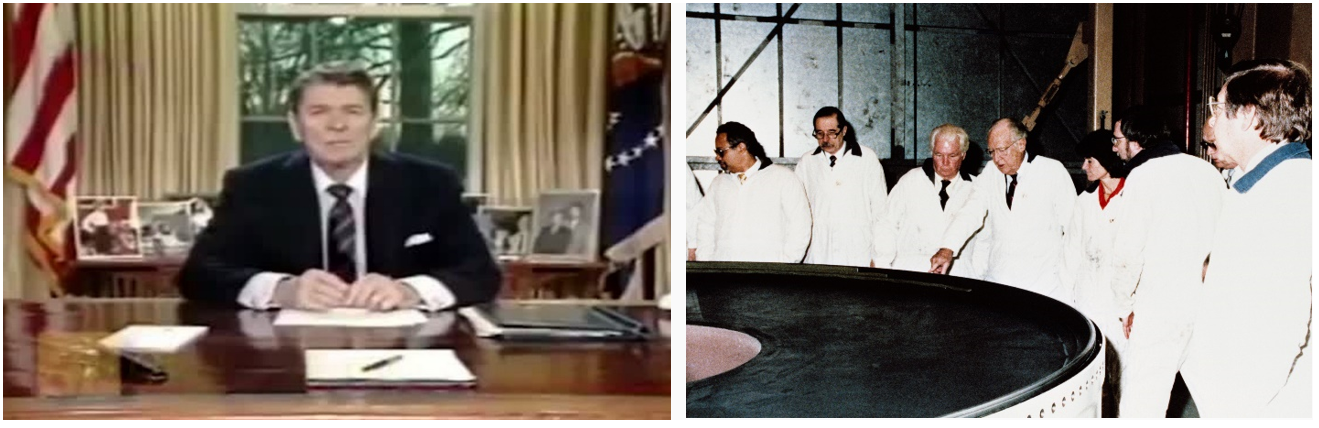 Left: President Ronald W. Reagan addresses the nation after the Challenger accident. Right: Members of the Rogers Presidential Commission examine an SRB segment.