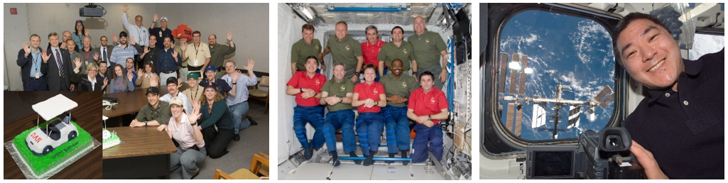 Left: Personnel in the Mission Control Center in Houston wish astronaut Daniel M. Tani a happy birthday (inset shows a close-up of his golf-cart-shaped birthday cake). Middle: Tani, front row at left, with his Expedition 16 crewmates and the STS-122 crew he was about to join. Right: Tani on Discovery’s flight deck with the space station seen through the window. The Node 2 and Columbus modules added during his stay are visible. Credits: NASA