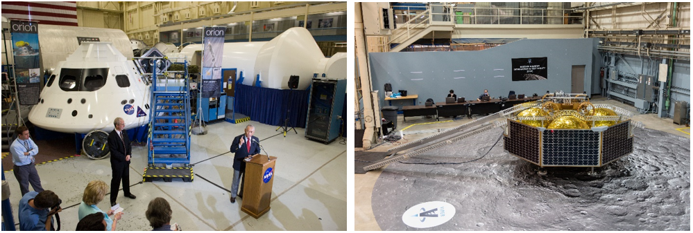 Left: In September 2011, NASA Administrator Charles F. Bolden, right, speaks in front of the Orion mock-up in Building 9 as Orion Program Manager Mark S. Geyer looks on. Right: Egress testing of the Volatiles Investigating Polar Exploration Rover (VIPER) in Building 9 in April 2021. Credits: NASA