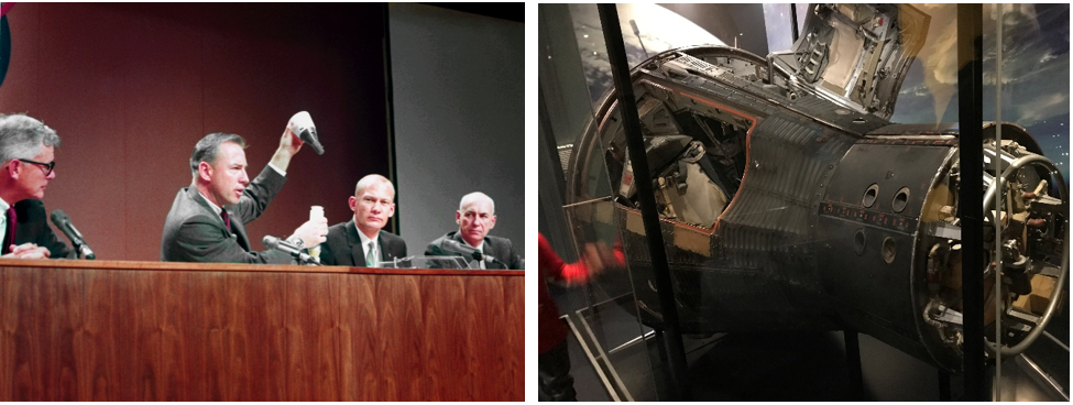 Left: Robert C. Seamans, NASA deputy administrator, left, and Robert R. Gilruth, director of the Manned Spacecraft Center, right, flank Gemini XII astronauts James A. Lovell, left, and Edwin E. “Buzz” Aldrin during the postflight press conference in the MSC auditorium as Lovell demonstrates the tethered experiment. Right: The Gemini XII spacecraft on display at the Adler Planetarium in Chicago. Credits: NASA