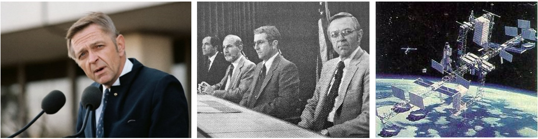 Left: Director of NASA’s Johnson Space Center Jesse W. Moore speaks to Johnson employees one month after the Challenger accident. Middle: Moore, right, during a March 1986 press conference with Deputy Director of Flight Crew Operations Robert L. Crippen, Deputy Associate Administrator for Space Flight Thomas L. Moser, and Associate Administrator for Space Flight Richard H. Truly, discussing NASA’s post-Challenger recovery plans. Right: Illustration of the space station dual-keel configuration adopted by NASA in May 1986. Credits: NASA