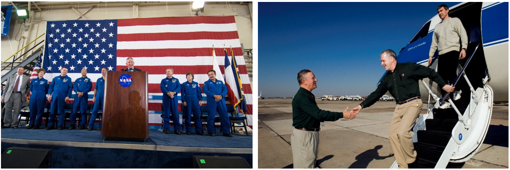 Left: At Ellington Field, director of NASA’s Johnson Space Center in Houston Jefferson D. Howell addresses the crowd at the August 2005 welcome home reception for the STS-114 return-to-flight crew. Right: Howell, left, welcomes the Expedition 11 crew to Ellington in October 2005. Credits: NASA