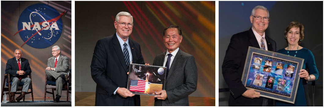 Left: In September 2011, NASA Administrator Charles F. Bolden, left, and director of NASA’s Johnson Space Center Michael L. Coats address employees. Middle: Coats presents a NASA photo montage to “Star Trek” franchise actor George Takei during his May 2012 visit to Johnson. Right: At his retirement party in January 2013, Coats receives a collage from new Johnson Director Ellen L. Ochoa. Credits: NASA