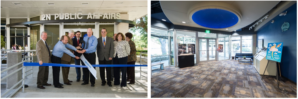 Left: Michael L. Coats, director of NASA’s Johnson Space Center, and other officials at the ribbon cutting of the renovated Building 2N in April 2009. Right: The lobby of the newly renovated Building 2N. Credits: NASA