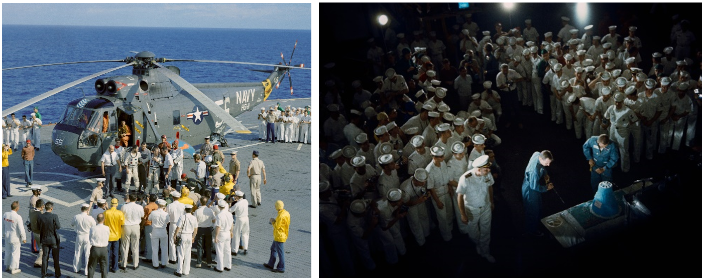 Left: NASA astronauts Lovell, left, and Borman aboard the prime recovery ship USS Wasp after their record-setting 14-day Gemini VII mission. Right: Gemini VII astronauts Lovell, left, and Borman slicing their celebratory cake aboard USS Wasp. Credits: NASA