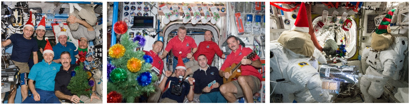 Left: The Expedition 30 crew of Donald R. Pettit, left, Anatoli A. Ivanishin, Oleg D. Kononenko, André Kuipers, Daniel C. Burbank, and Anton N. Shkaplerov pose for their Christmas photo in 2011. Middle:  Christmas 2012 photograph of Expedition 34 crew members Thomas H. Marshburn, left, Roman Y. Romanenko, Oleg V. Novitski, Yevgeni I. Tarelkin, Kevin A. Ford, and Chris A. Hadfield. Right: For Christmas in 2013, the Expedition 42 crew left milk and cookies for Santa and hung their stockings using the Joint Airlock as a makeshift chimney. Credits: NASA