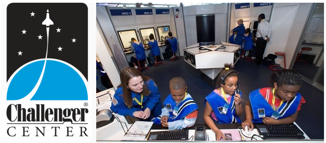 Left: Logo of the Challenger Center for Space Science and Education. Right: Schoolchildren simulate a spaceflight at the Challenger Learning Center-St Louis. Credits: Challenger Center for Space Science and Education