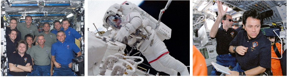 Left: NASA astronaut Franklin R. Chang-Díaz, to left of center, with his STS-111 crewmates and the Expedition 4 and 5 crews. Middle: Chang-Díaz during the first STS-111 spacewalk. Right: Chang-Díaz in Endeavour’s middeck following undocking from the orbiting outpost. Credits: NASA