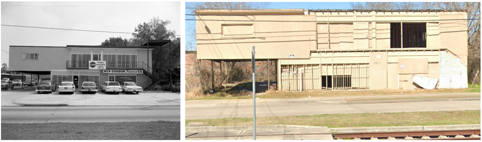 Left: The smallest of the facilities, the Peachy Building (Site 12) at 5513 Griggs, housed the Manned Spacecraft Center’s Facilities Division. Right: In recent years, the abandoned building had fallen into disrepair and was torn down in 2021. Credits: Google Maps