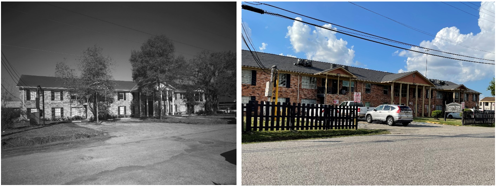 Left: The Manned Spacecraft Center used four of the six apartment buildings in the Franklin Development Complex (Site 13) at 2510 Beatty Street near the Gulf Freeway. The Flight Crew Operations Division and the Technical Information Division relocated to this facility. Right: Today, the complex is called the Coventry North Apartments.