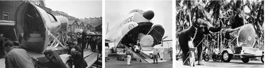 Left: Friendship 7 on display at London’s Science Museum. Middle: Friendship 7 arrives in Paris aboard its U.S. Air Force cargo plane. Right: An elephant greets Friendship 7 in Colombo, Ceylon, now Sri Lanka. Credits: NASA