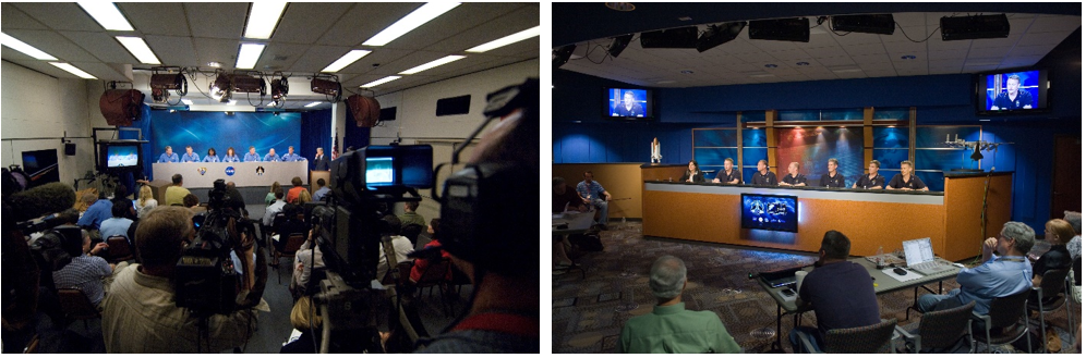 Left: The pre-renovation briefing room in June 2006 during the STS-121 crew preflight press conference. Right: New briefing room in May 2010 during the STS-132 crew preflight press conference. Credits: NASA