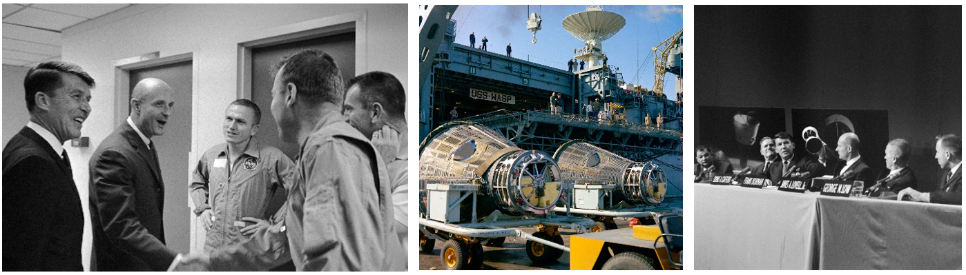 Left: Reunion of Gemini VI and VII astronauts Schirra, left, Stafford, Borman, and Lovell at crew quarters at Kennedy. Middle: Gemini VII and VI spacecraft sit on dock at Mayport Naval Station near Jacksonville, Florida, after offloading from the prime recovery ship USS Wasp. Right: Gemini VI and VII astronauts hold their postflight press conference, along with NASA Administrator James E. Webb and Manned Spacecraft Center Deputy Director George M. Low. Credits: NASA