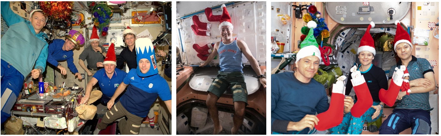 Left: Expedition 50 crew members Sergei N. Ryzhikov, left, R. Shane Kimbrough, Andrei I. Borisenko, Oleg V. Novitski, Peggy A. Whitson, and Thomas G. Pesquet celebrating New Year’s Eve in style in 2016.  Middle: Expedition 54 crew member Mark T. Vande Hei strikes a pose as an Elf on the Shelf for Christmas 2017. Right: The Expedition 58 crew of David Saint-Jacques, left, Anne C. McClain, and Oleg D. Kononenko inspect their Christmas stockings for presents in 2018. Credits: NASA