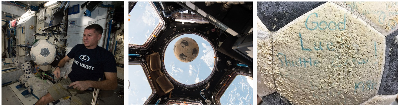 Left: Expedition 50 Commander R. Shane Kimbrough with Onizuka’s soccer ball aboard the International Space Station). Middle: Onizuka’s soccer ball photographed in the Cupola of the station. Right: Close-up of the faded inscription, “Good Luck Shuttle Crew,” on Onizuka’s soccer ball. Credits: NASA