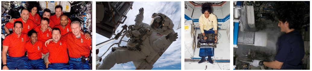 Far left: NASA astronaut Sunita L. Williams, upper left, with her STS-116 crewmates and the Expedition 14 crew she was about to join. Middle left: Williams during the third STS-116 spacewalk. Middle right: Williams conducting a session of a Canadian coordination experiment in the Destiny module. Far right: Williams placing blood samples in the space station freezer. Credits: NASA