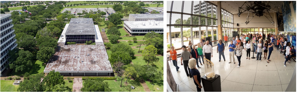 Left: Aerial view of Building 2 in June 2018. Right: Employees view the World Series trophy on temporary display in the Teague Auditorium lobby on Sept. 20, 2018. Credits: NASA